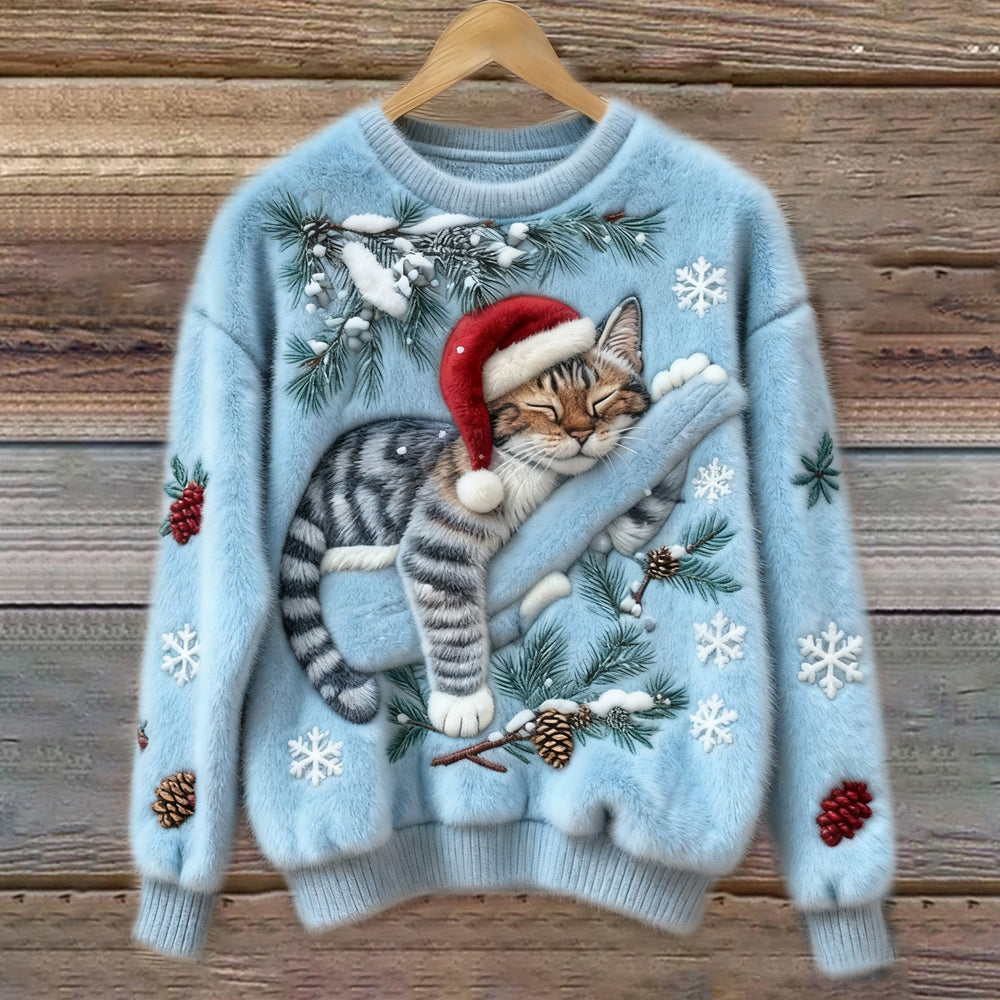 Crew Neck Christmas Cat Print Fuzzy Knit Sweater 4