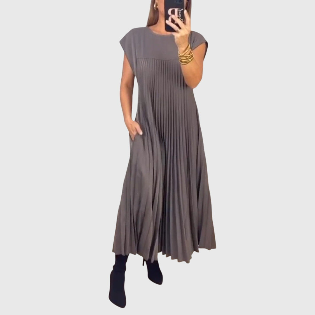 Boat Neck Cap Sleeve Pleated A-Line Maxi Dress 5