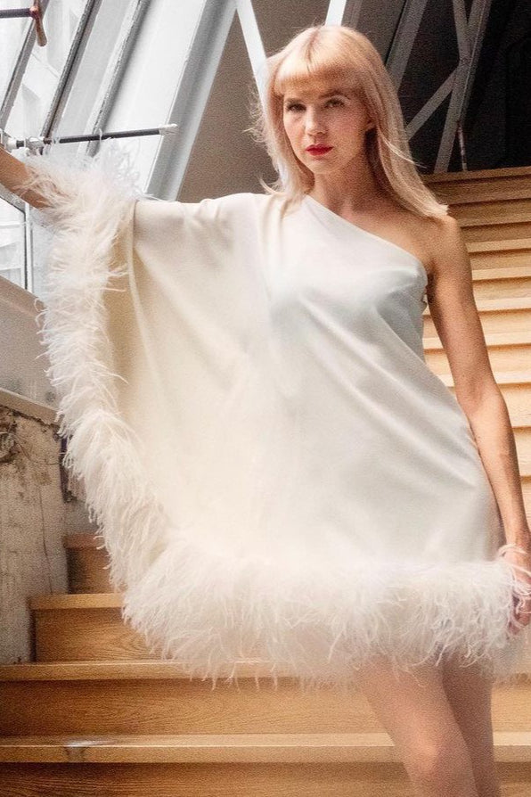 One Shoulder Cape Sleeve Feather Hem Shift Mini Party Dress - View 5