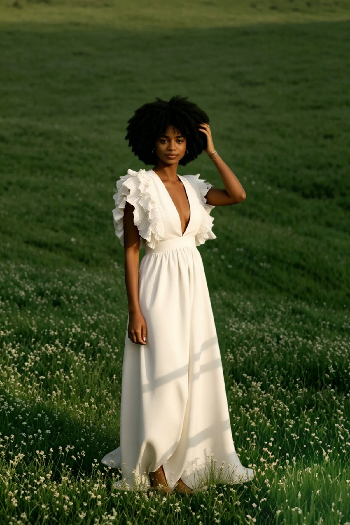 Deep V-Neck Ruffle Sleeve Pleated A-Line Maxi Dress 2