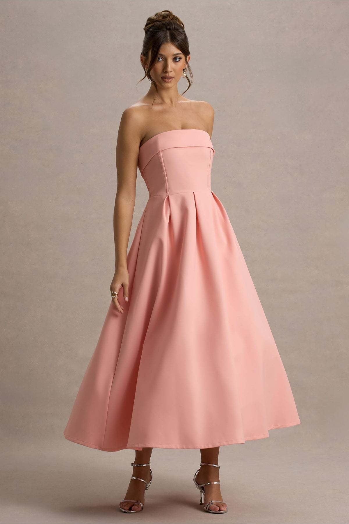 Strapless Fold Over Neck Box Pleat A-Line Midi Cocktail Dress - View 15