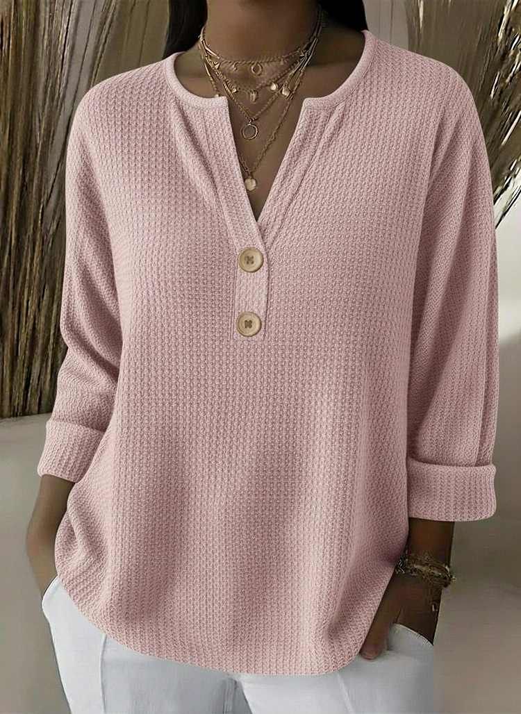 Notch Neck Waffle Knit Button Henley Top 2