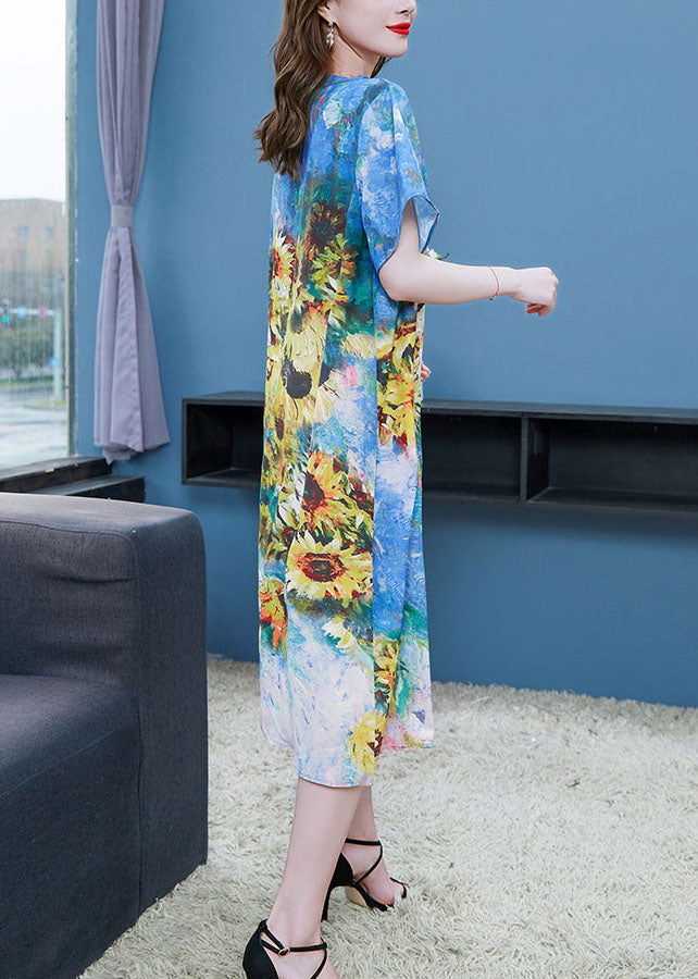 Sunflower Art Print Round Neck Short Sleeve Midi Shift Dress - View 3