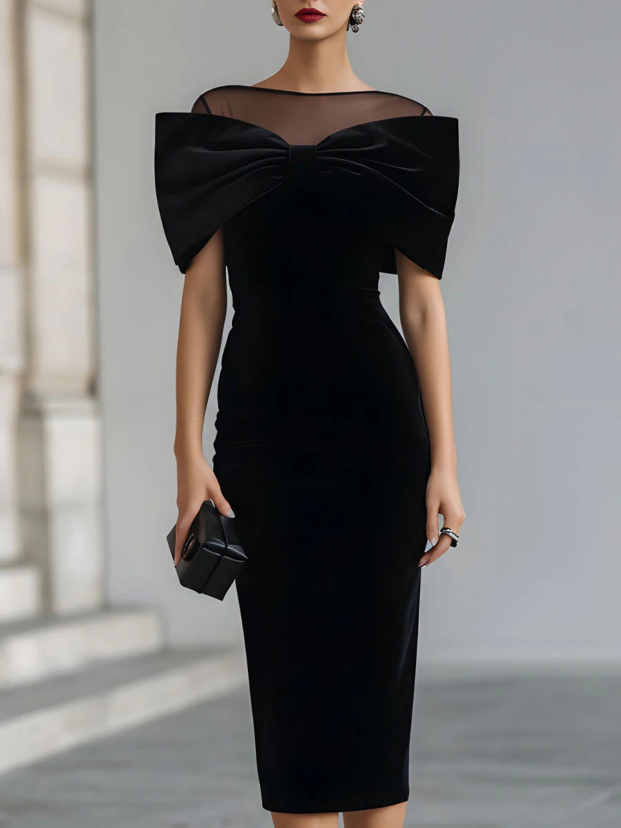 Bow Front Sheer Yoke Bodycon Midi Dress