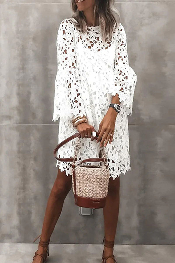 Floral Crochet Lace Bell Sleeve Mini Dress - View 2
