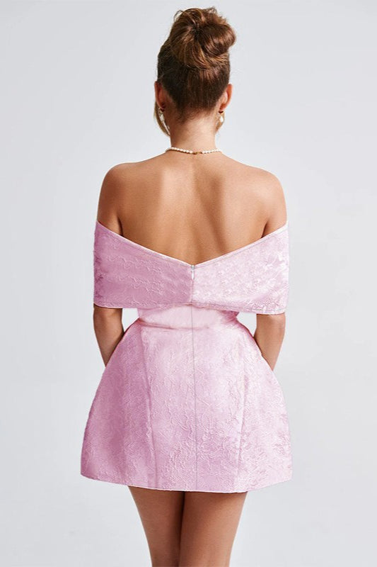 Off Shoulder Bow Detail Jacquard Floral Texture A-Line Mini Dress - View 5
