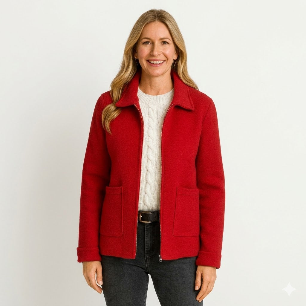 Zip Front Collared Patch Pocket Boiled Wool Jacket