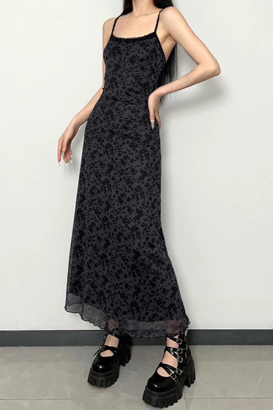 Mesh Floral Print Lace Trim Spaghetti Strap Ankle Length Maxi Dress - View 2