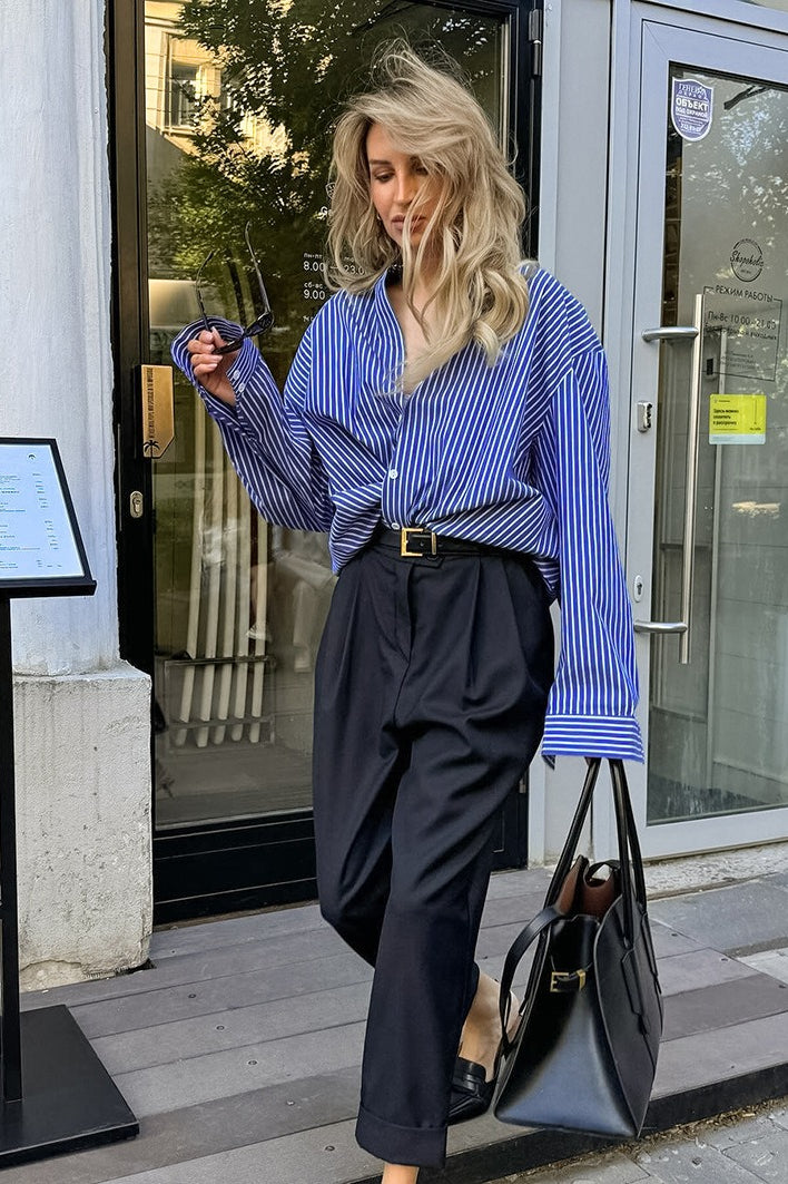 Blue White Stripe Button Blouse