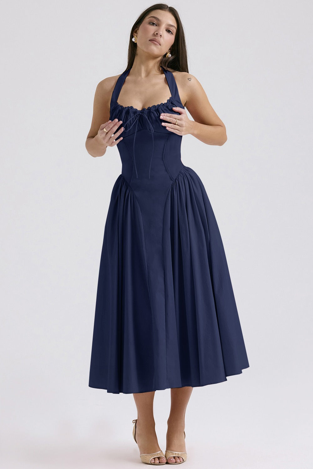 Halter Neck Ruched Corset Fit and Flare Midi Dress - View 19