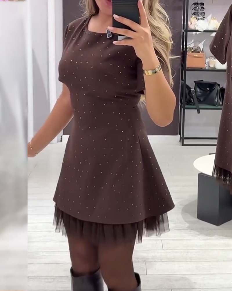 Rhinestone Tulle Hem Short Sleeve Fit and Flare Mini Dress 6