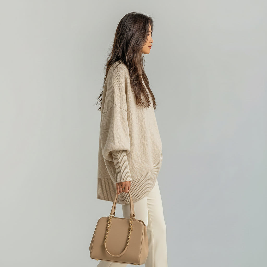 Mock Neck Oversized Asymmetric Hem Knit Sweater 9