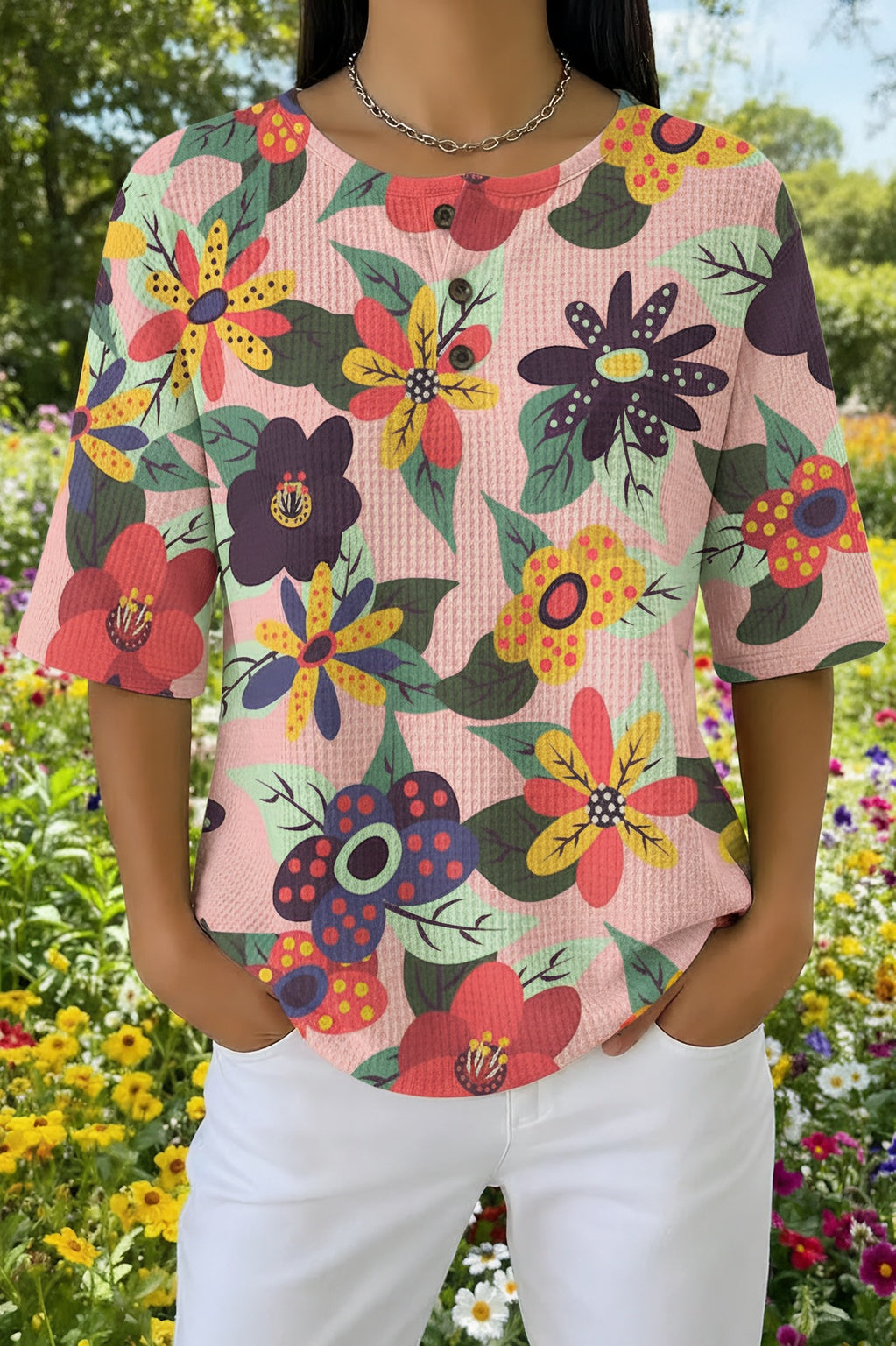 Bold Floral Print Waffle Knit Henley Short Sleeve Top