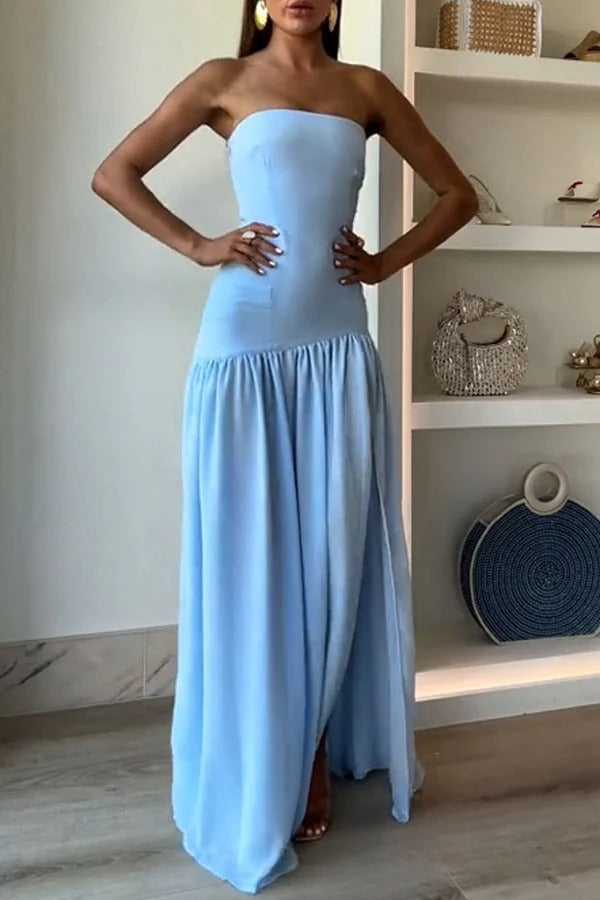 Lizzy Strapless Semi Sheer Patchwork Chiffon Maxi Dress