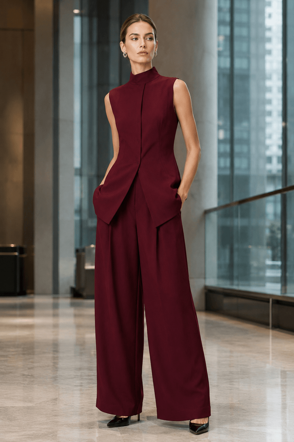 Drape Sleeveless Shirt Two Piece Work Set
