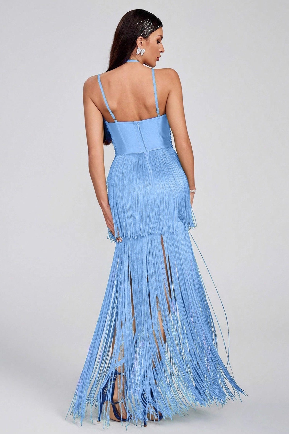 Halter Sling Maxi Fringe Hem Cocktail Dress - View 4