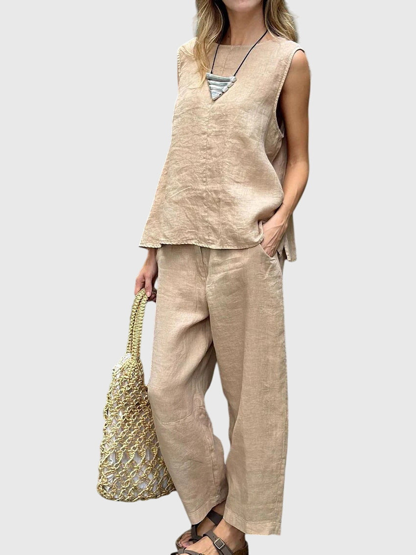 Sleeveless Round Neck Top and Wide Leg Crop Pants Two Piece Set 2
