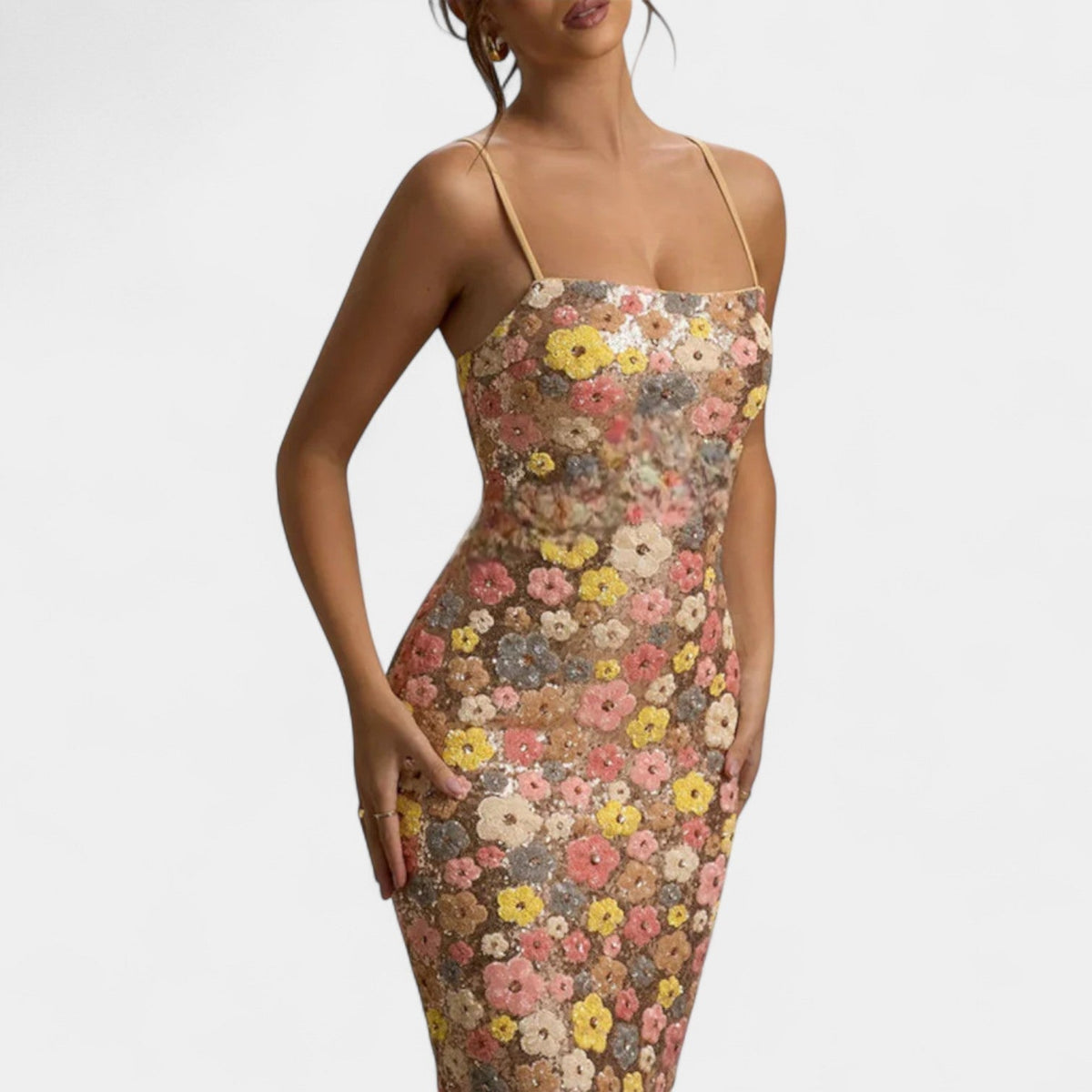 Floral Sequin Square Neck Spaghetti Strap Bodycon Maxi Dress 3