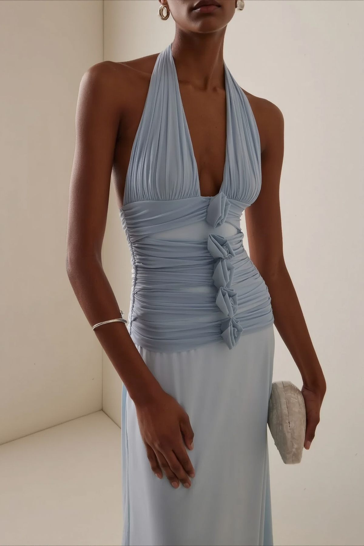 Halter Deep V-Neck 3D Floral Ruched Maxi Dress - View 3