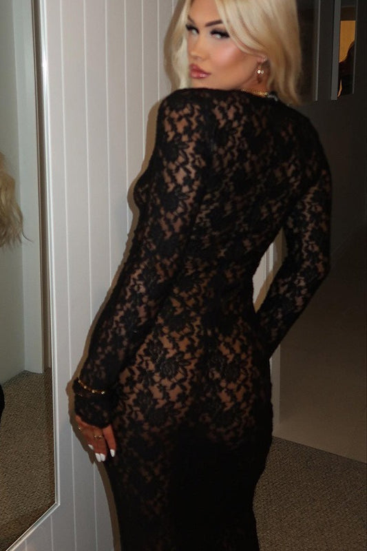 Lace Sheer Mesh Bodycon Maxi Dress