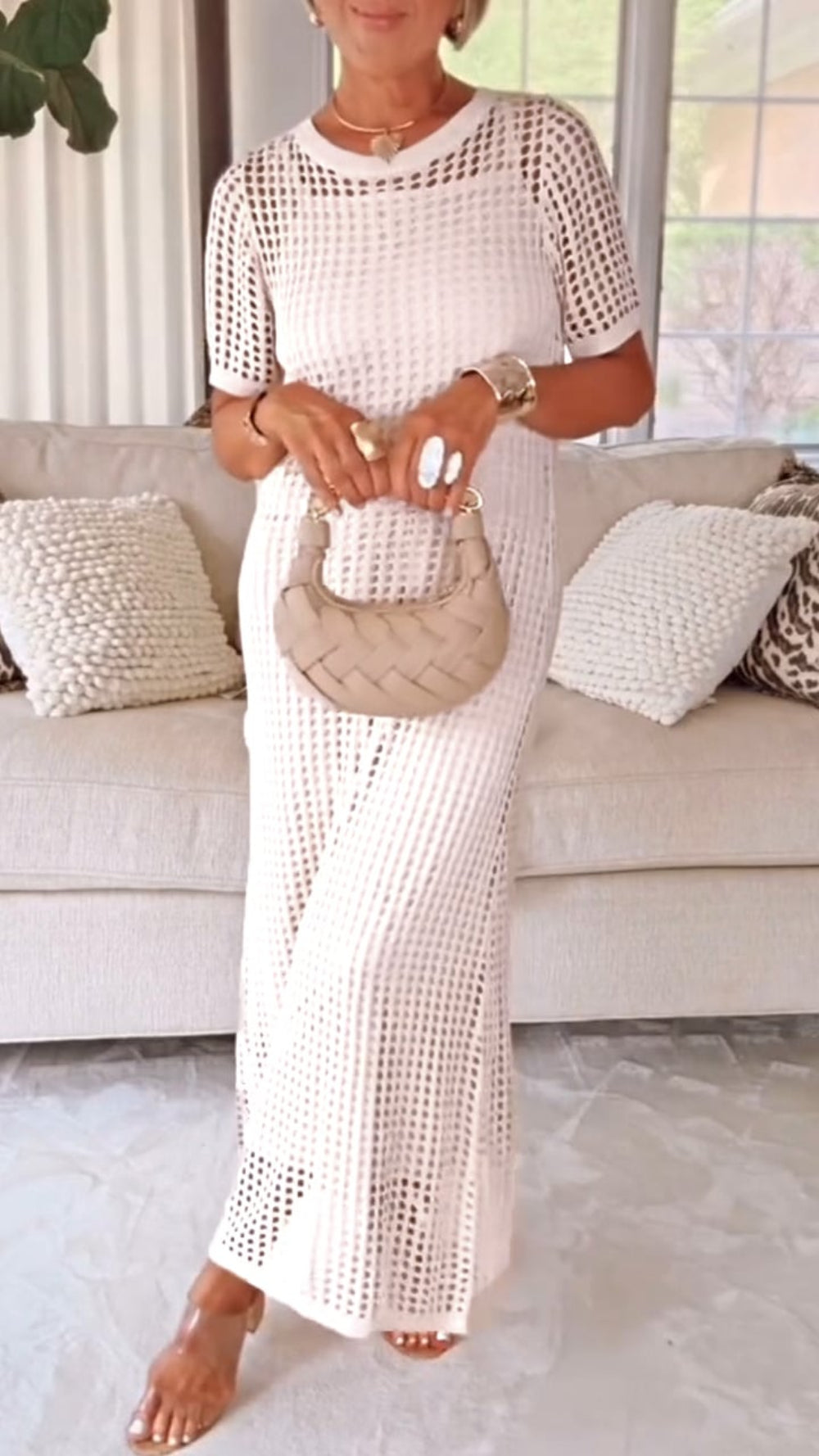 Crochet Hollow Out Short Sleeve Knit Maxi Cover Up Dress
