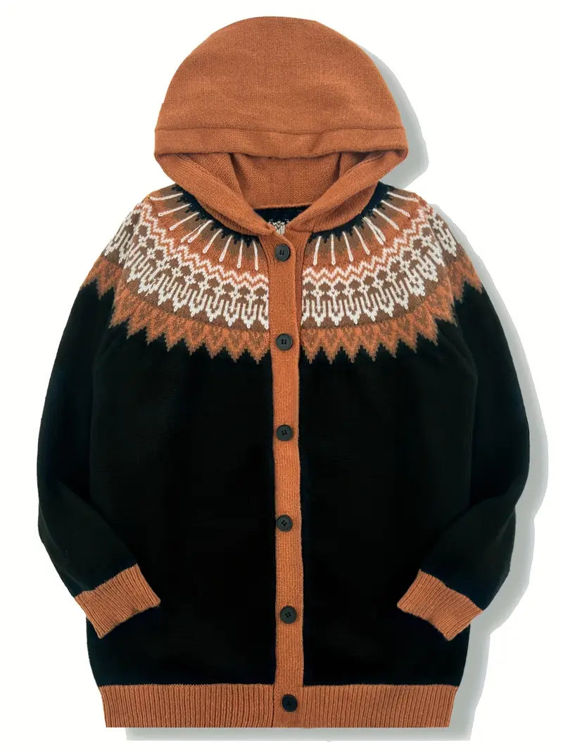 Hooded Button Front Fair Isle Knit Longline Cardigan 17