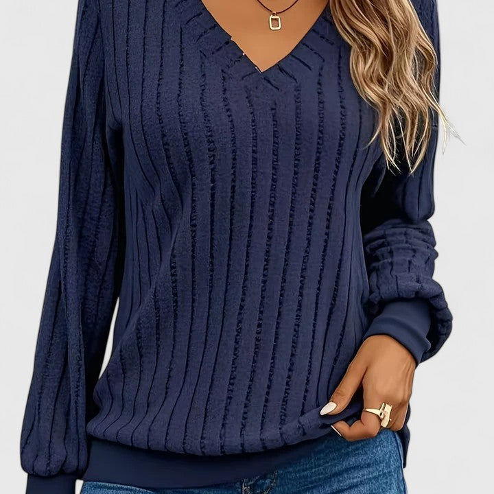 V-Neck Long Sleeve Ribbed Knit Sweater 2