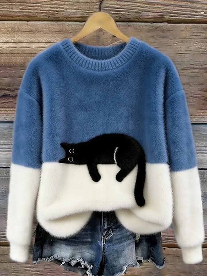 Cat Print Colorblock Crew Neck Fuzzy Sweater 8