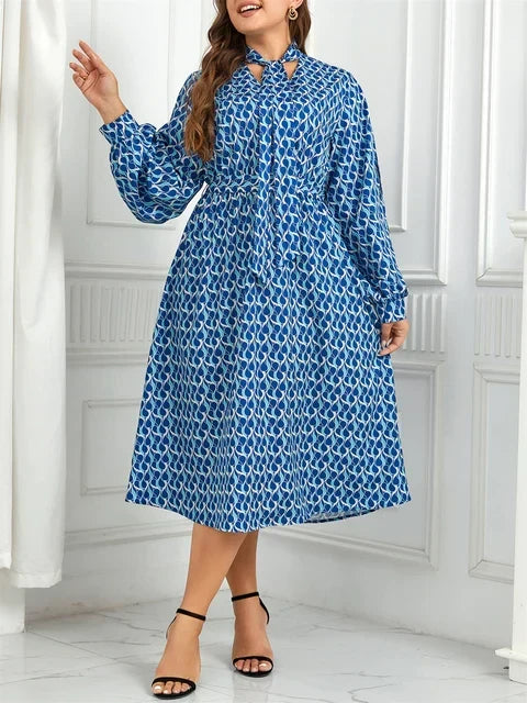 Tie Neck Bishop Sleeve Abstract Print Elastic Waist Midi Dress - View 5