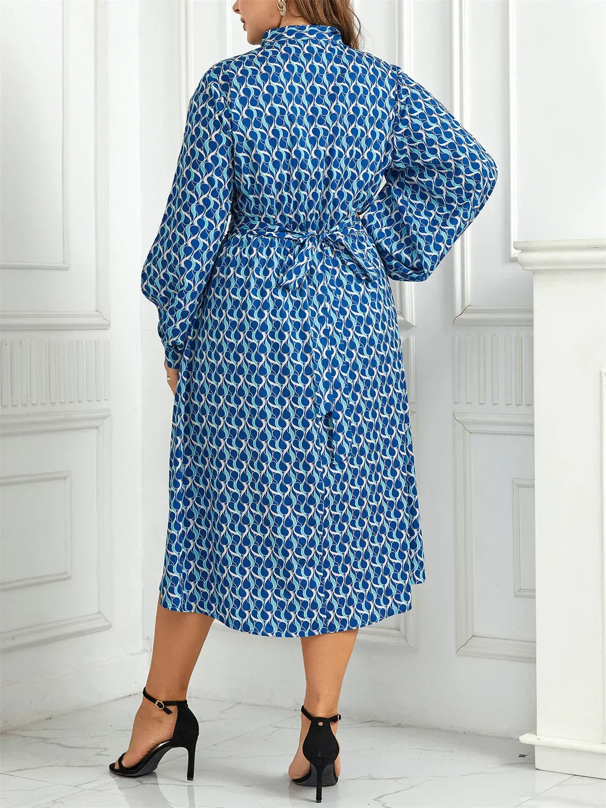 Tie Neck Bishop Sleeve Abstract Print Elastic Waist Midi Dress - View 3