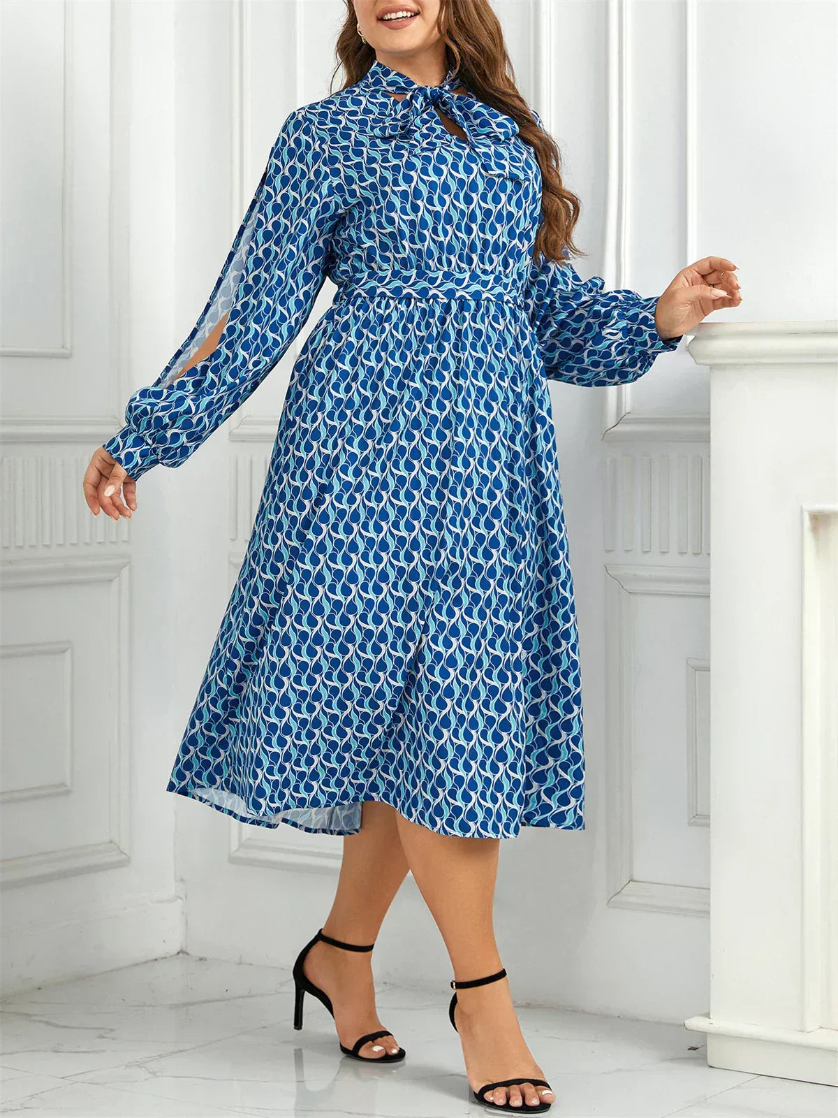 Tie Neck Bishop Sleeve Abstract Print Elastic Waist Midi Dress - View 2