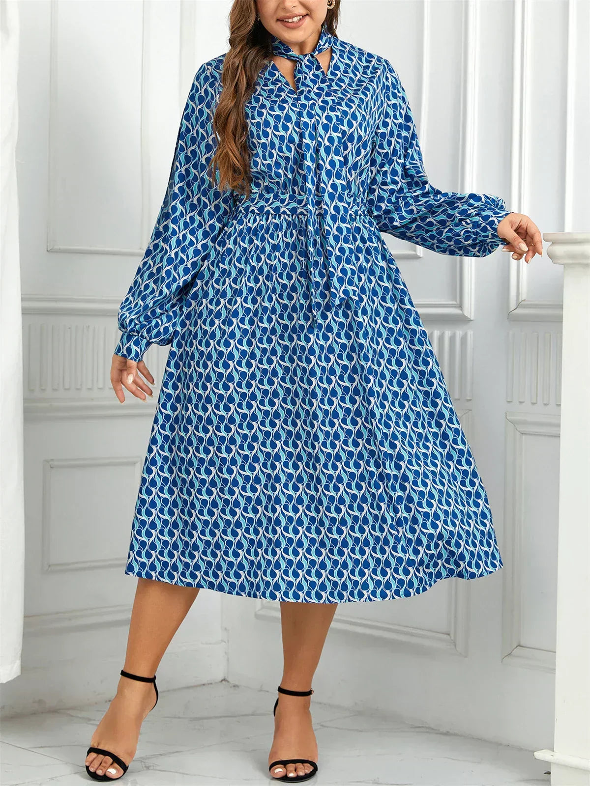 Tie Neck Bishop Sleeve Abstract Print Elastic Waist Midi Dress - View 4