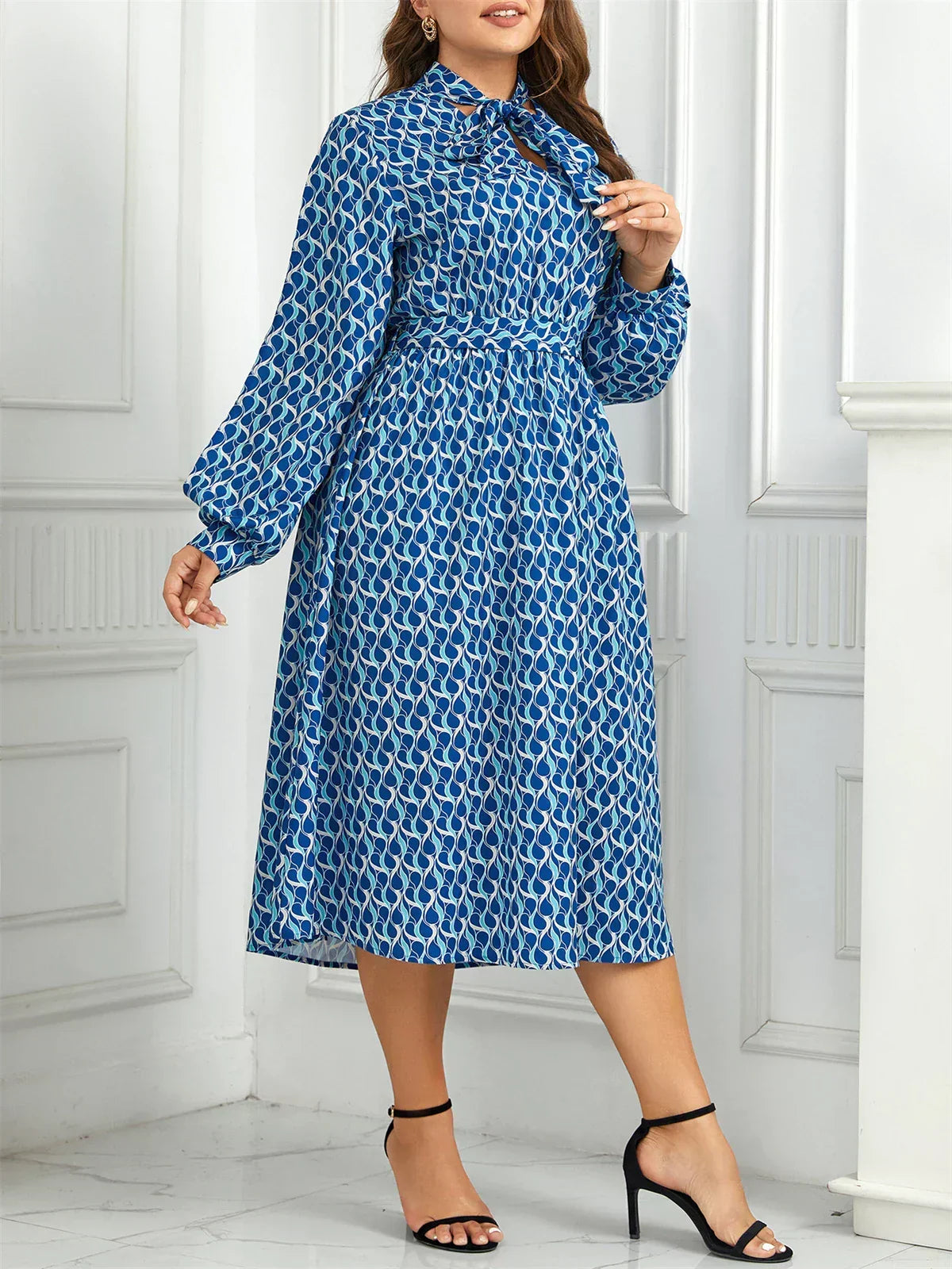 Tie Neck Bishop Sleeve Abstract Print Elastic Waist Midi Dress