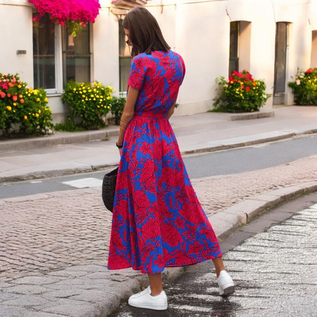 Floral Print V-Neck Short Sleeve Belted Wrap Midi Dress 7