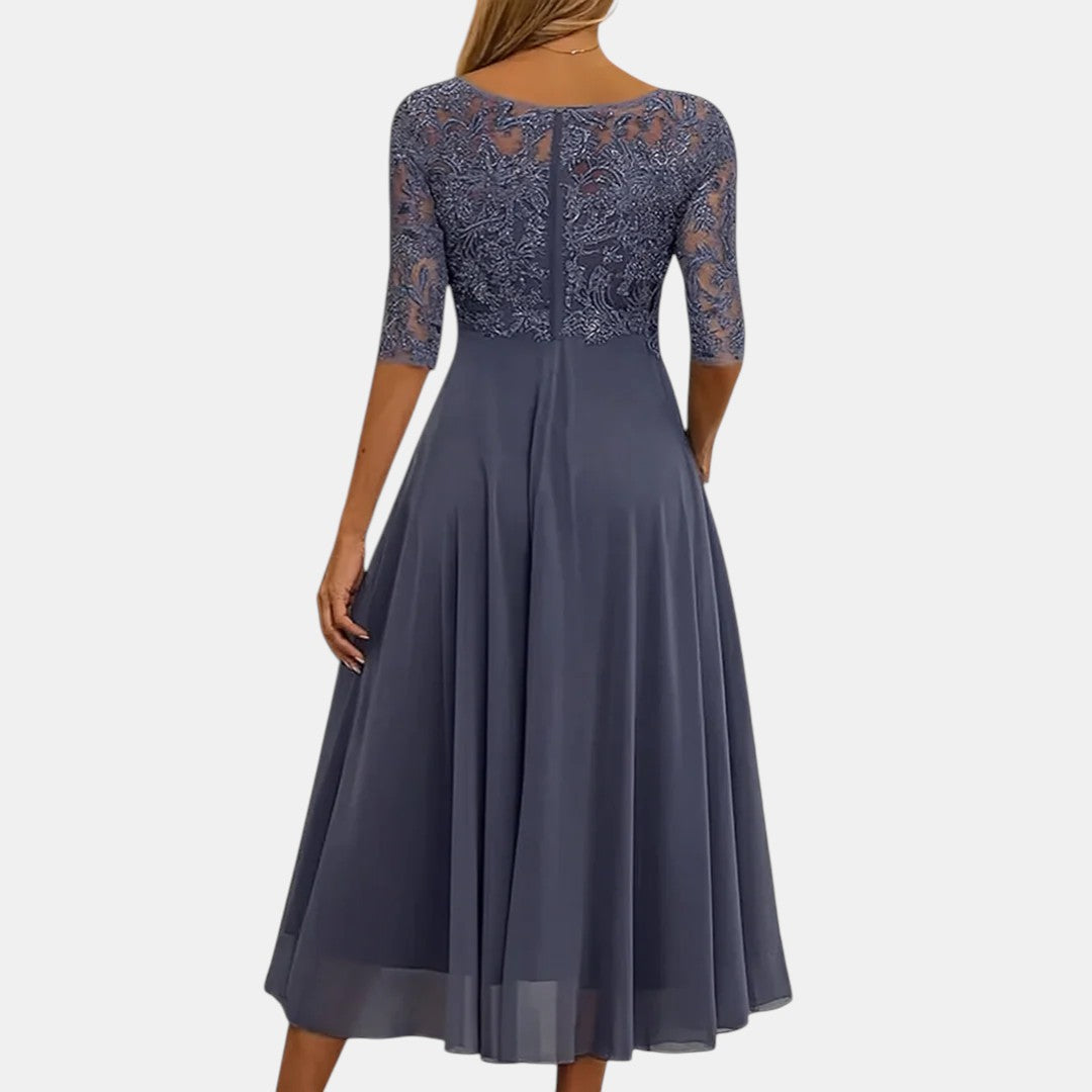 Lace Bodice Round Neck Half Sleeve Chiffon Midi Dress 6