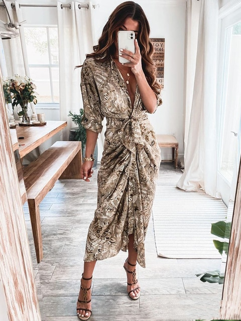 Wrap V-Neck Long Sleeve Tie Waist Button Front High Low Midi Dress - View 3