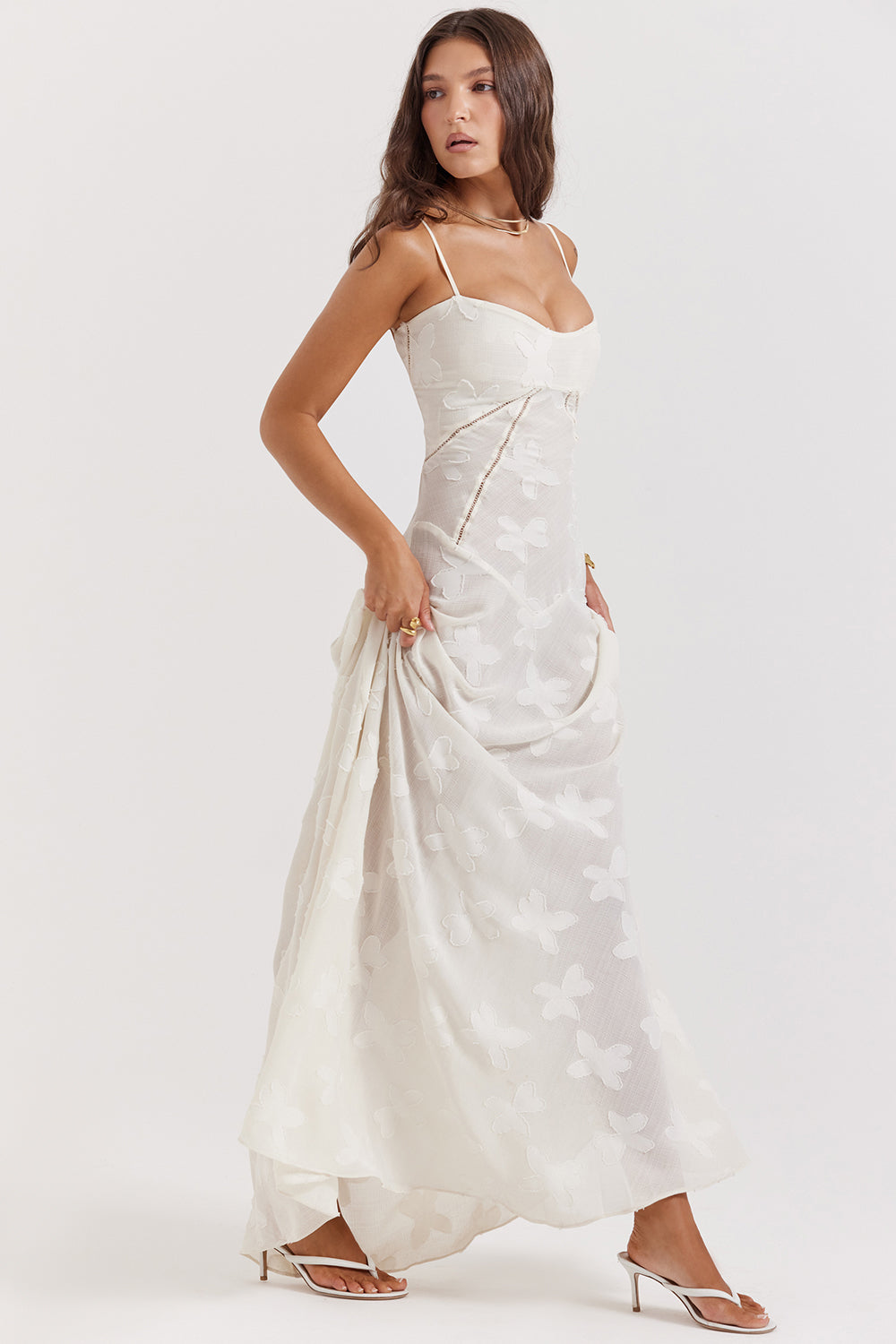 Floral Lace Spaghetti Strap Corset Bodice Sheer Mesh Maxi Gown - View 21