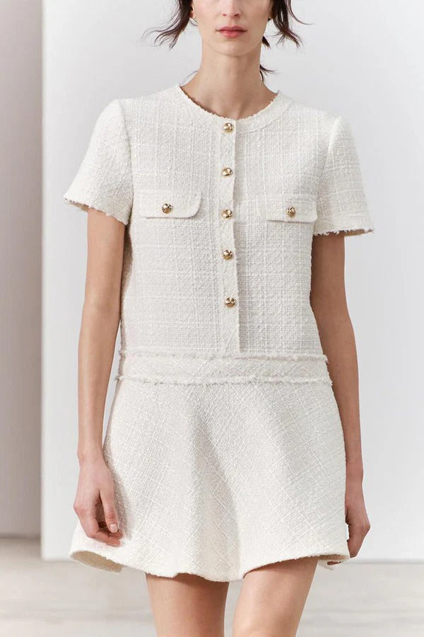 Textured Boucle Gold Button Short Sleeve A-Line Mini Dress - View 4