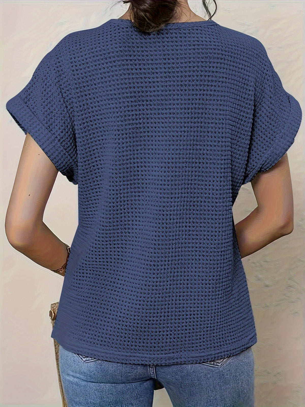 Crochet Lace Panel Round Neck Short Sleeve Waffle Knit Top 7