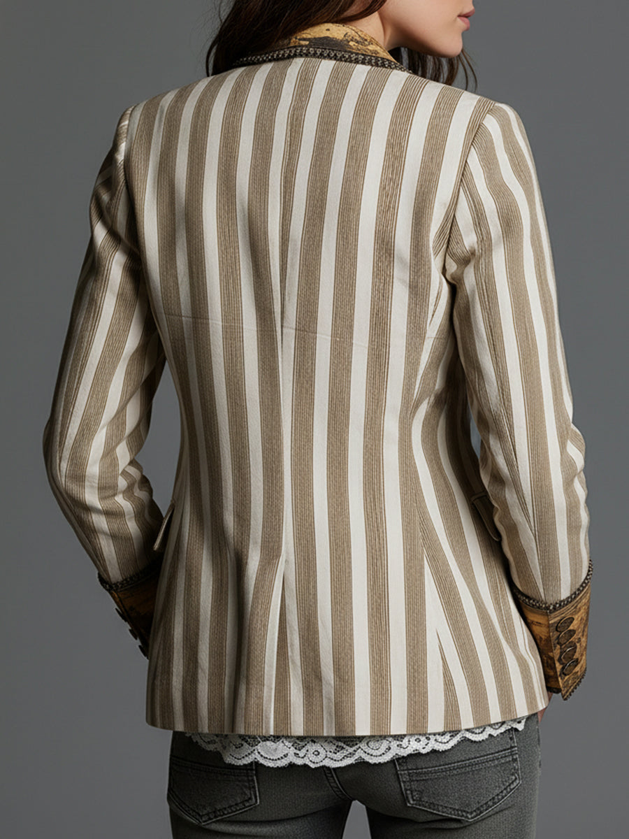 Striped Tapestry Print Lapel Single Button Blazer 3