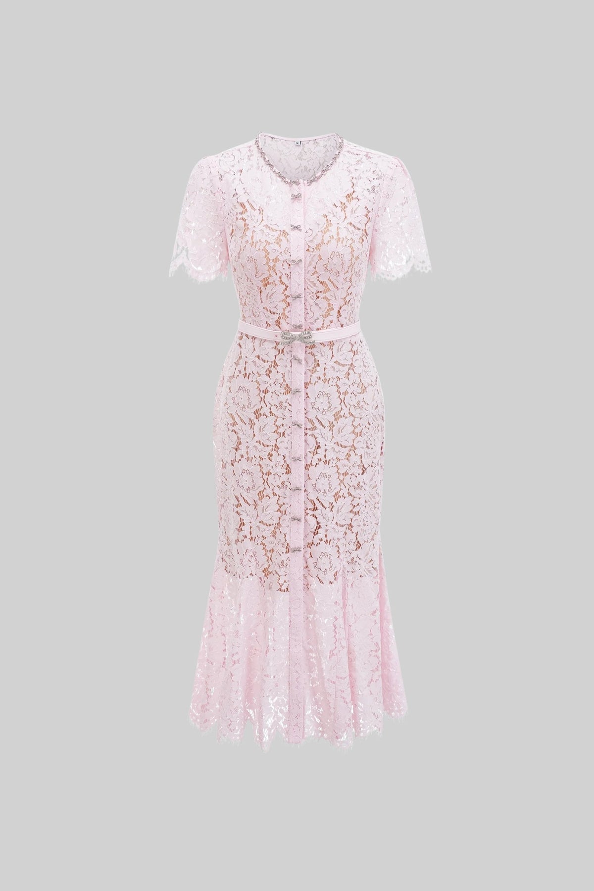 Floral Lace Short Sleeve Button Front Scalloped Hem Belted Midi Dress - View 2
