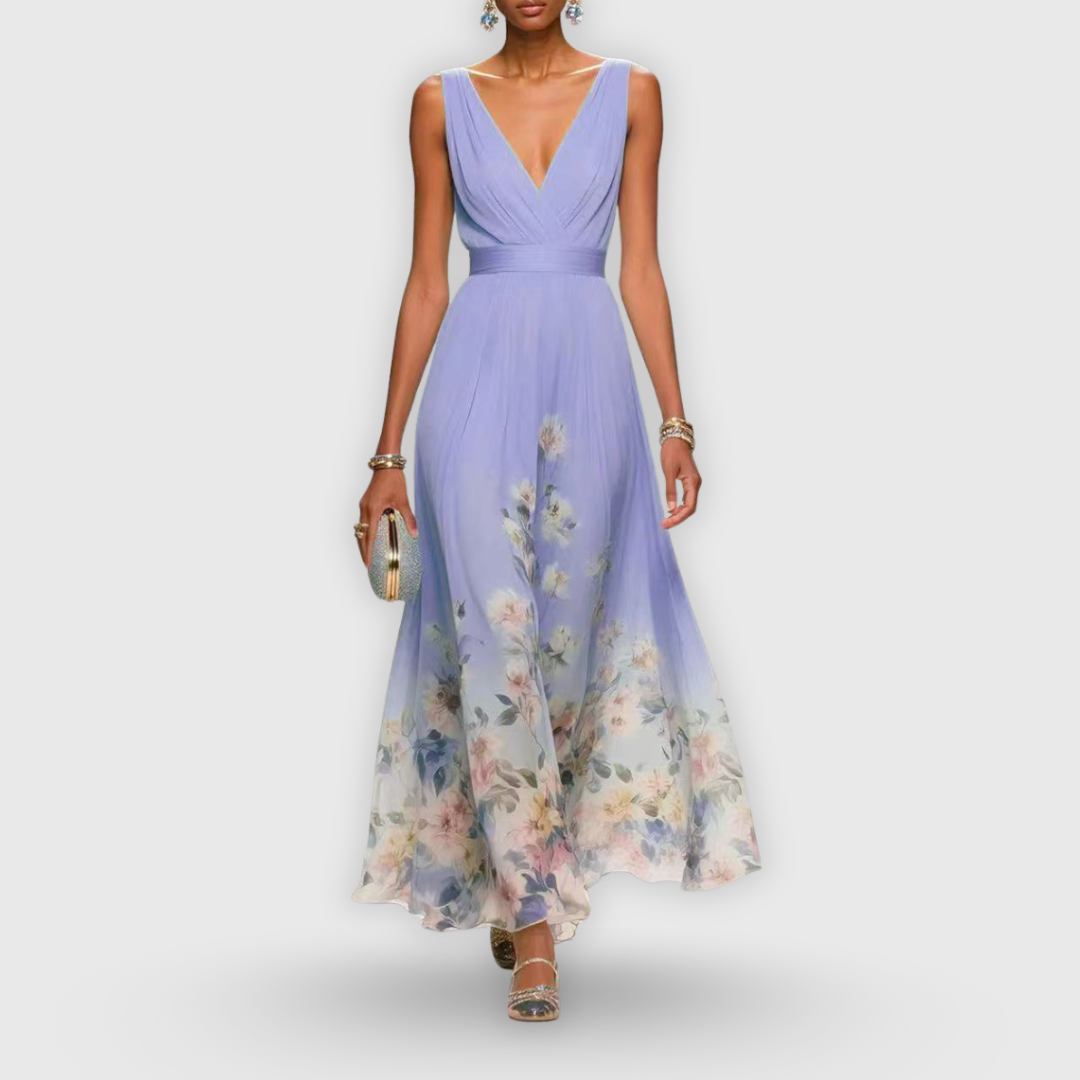 V-Neck Sleeveless Floral Pleated Chiffon Maxi Gown 3