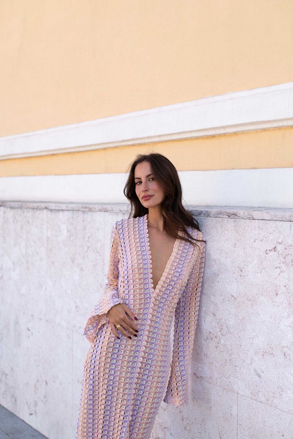 Crochet Deep V-Neck Long Sleeve Striped Boho Maxi Dress - View 10