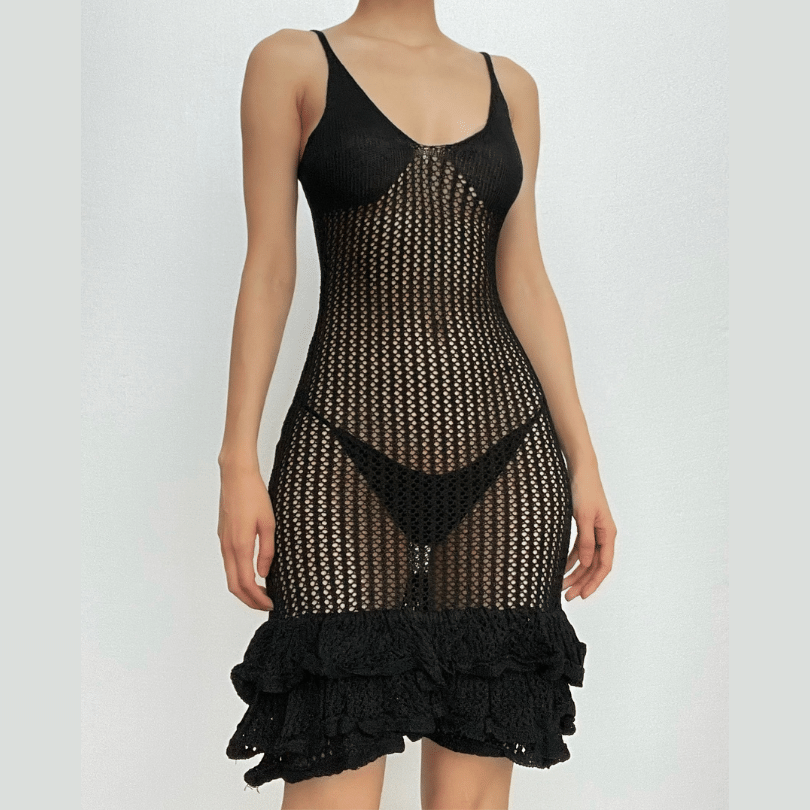 Crochet v neck sleeveless hollow out ruffle mini dress - View 16