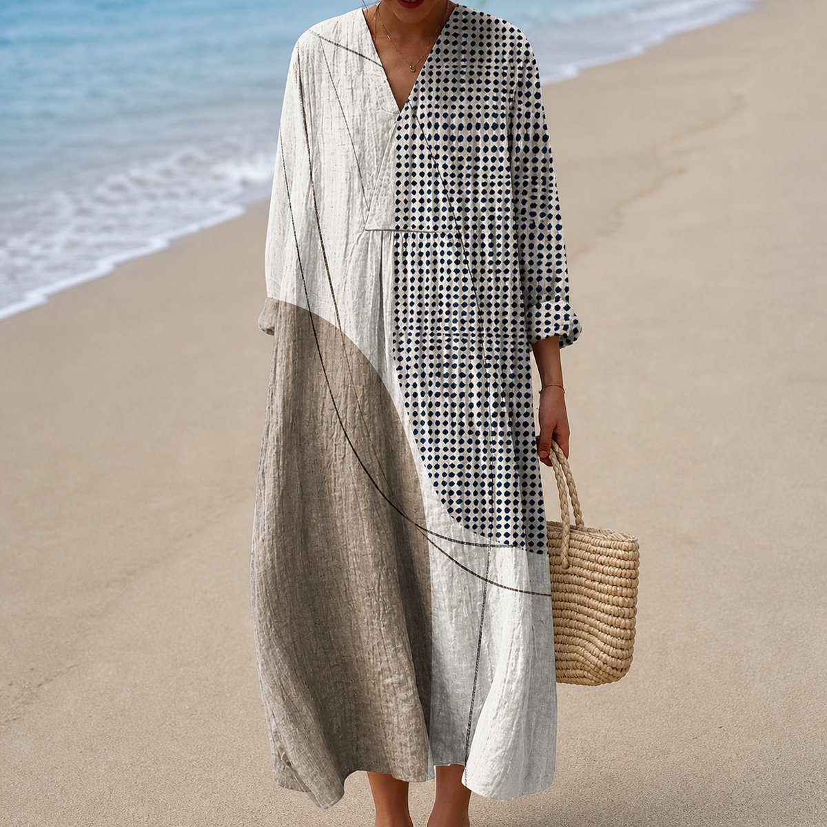 V-Neck Long Sleeve Polka Dot Colorblock Maxi Dress