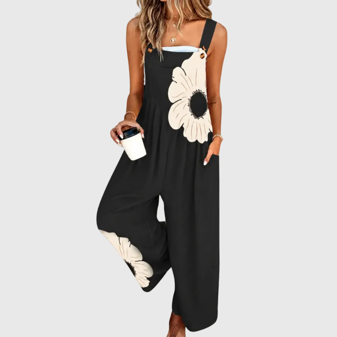 Floral Print Wide Leg Overall Jumpsuit