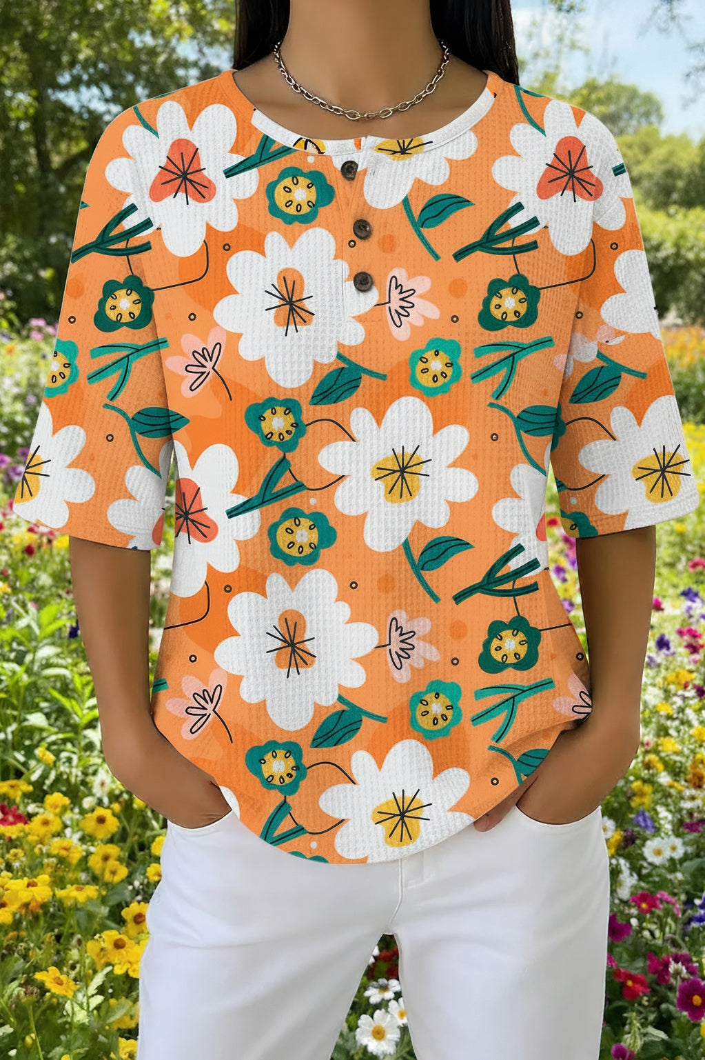 Retro Floral Print Waffle Knit Henley Half Sleeve Top