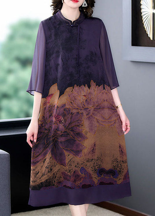 Mandarin Collar Keyhole Sheer Bell Sleeve Floral Print Midi Dress - View 3