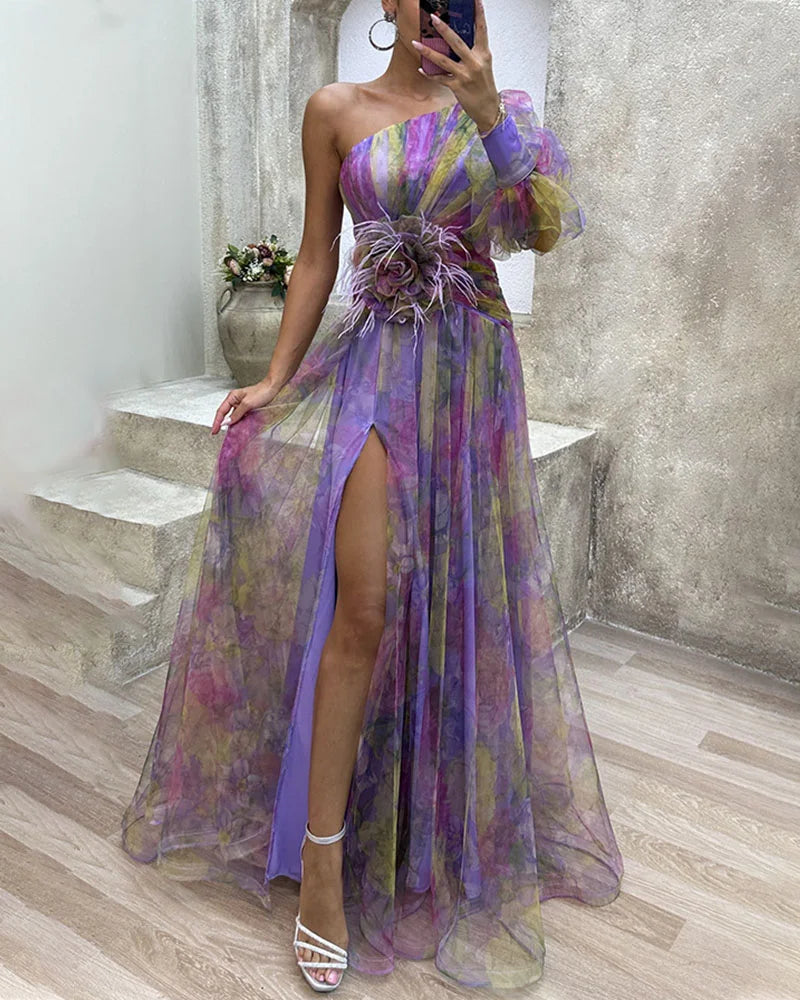 One Shoulder Floral Mesh Puff Sleeve Feather Flower Maxi Gown - View 8