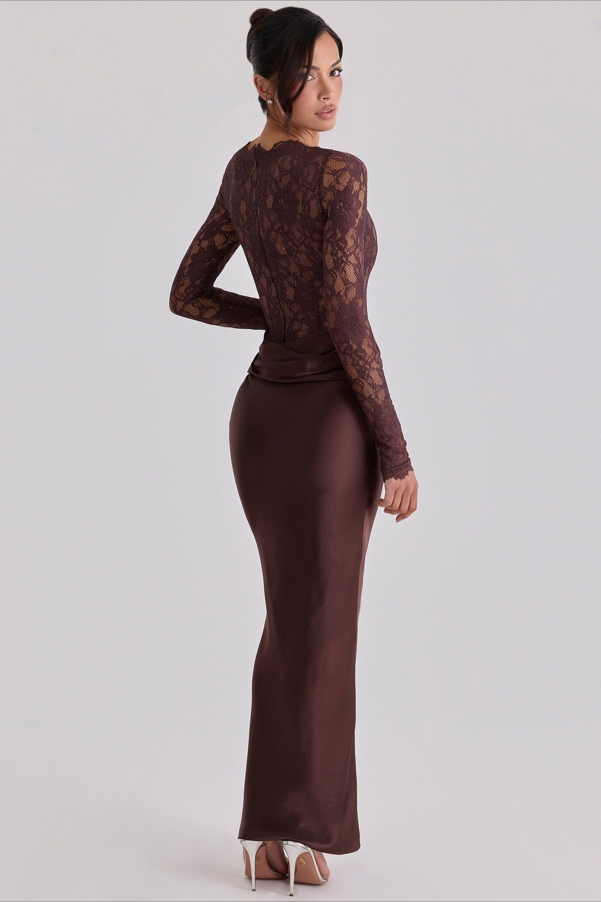 Lace Sheer Mesh Ruched Satin Maxi Dress